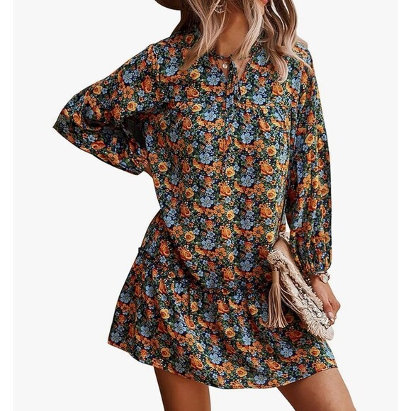 KIRUNDO Long Sleeve Boho Floral Print Casual Loose Dress Size L New With Tag - Picture 7 of 10